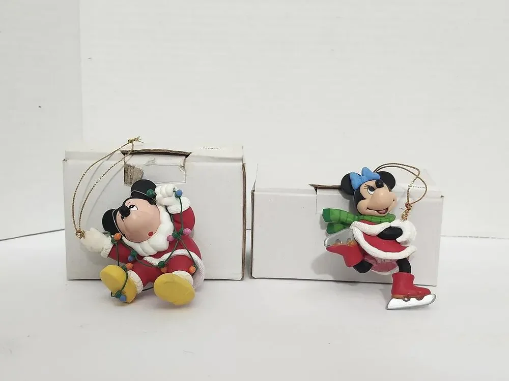 Vintage Disney Mickey Minnie Christmas Ornament Pair Boxed Holiday Tree Set